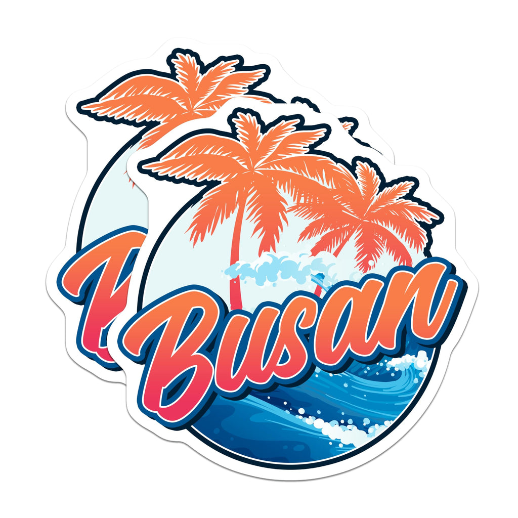 (2 Pack) Busan South Korea Stickers - Tropical Palm Tree Vacation - Korean City Travel Souvenir - 5" On Longest Side - Sticks to Smooth Flat Surfaces - Made in USA - BMCS18341