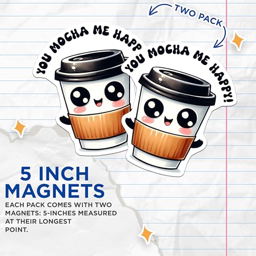 (2 Pack) Coffee Cup Magnets - Funny Coffee Lovers Magnets - Cute Coffee Art Magnets - 5" On Longest Side - for Cars, Refrigerators, Toolboxes, Lockers - Made in USA BMCS3291