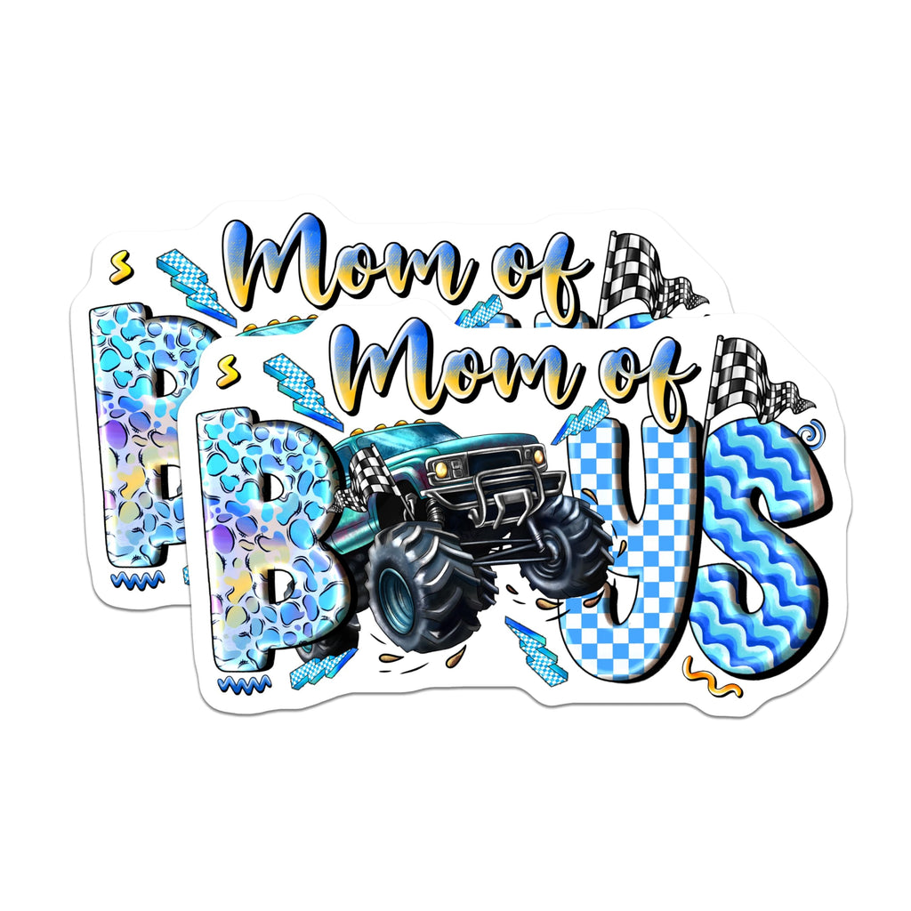 (2 Pack) Mom of Boys Magnets - Monster Truck Mom - Racing Flags Decor - Blue Boy Mother Refrigerator Accessory - 5 Inches On Longest Side - Thick Durable Magnet - Made in USA - MAG28304