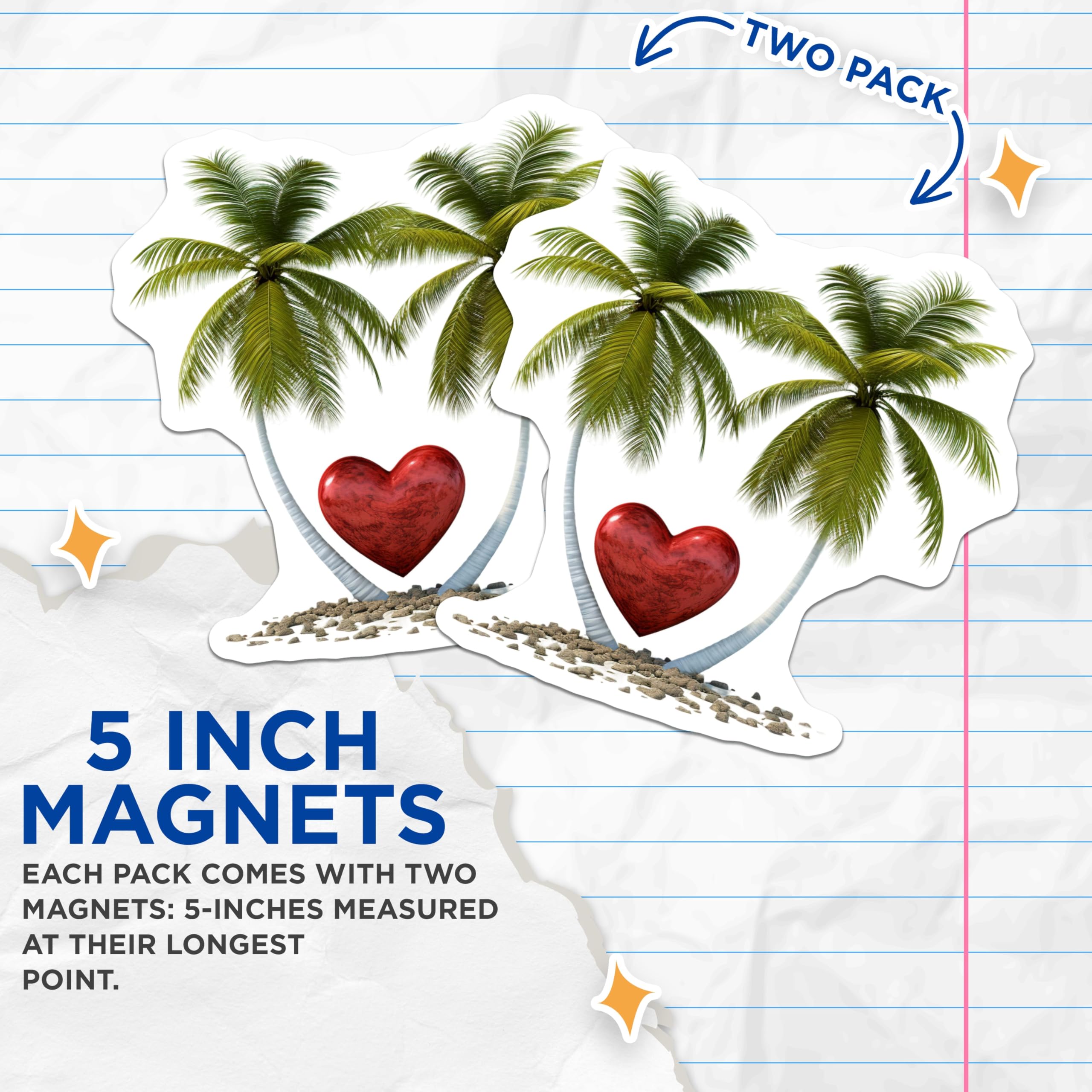 (2 Pack) Tropical Palm Tree Magnets - Romantic Heart Island Decor - Beach Vacation Scene Magnets - Aesthetic Refrigerator Art - 5 Inches On Longest Side - Thick Durable Magnet - Made in USA - MAG19949