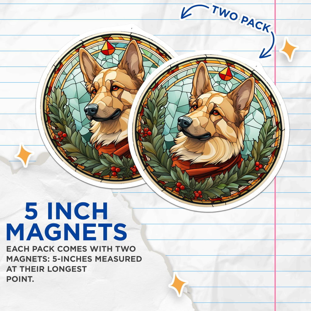 (2 Pack) Stained Glass German Shepherd Magnets - Holly Wreath Winter Dog Decor - Pet Owner Holiday Fridge Magnet - 5 Inches On Longest Side - Thick Durable Magnet - Made in USA - MAG30987