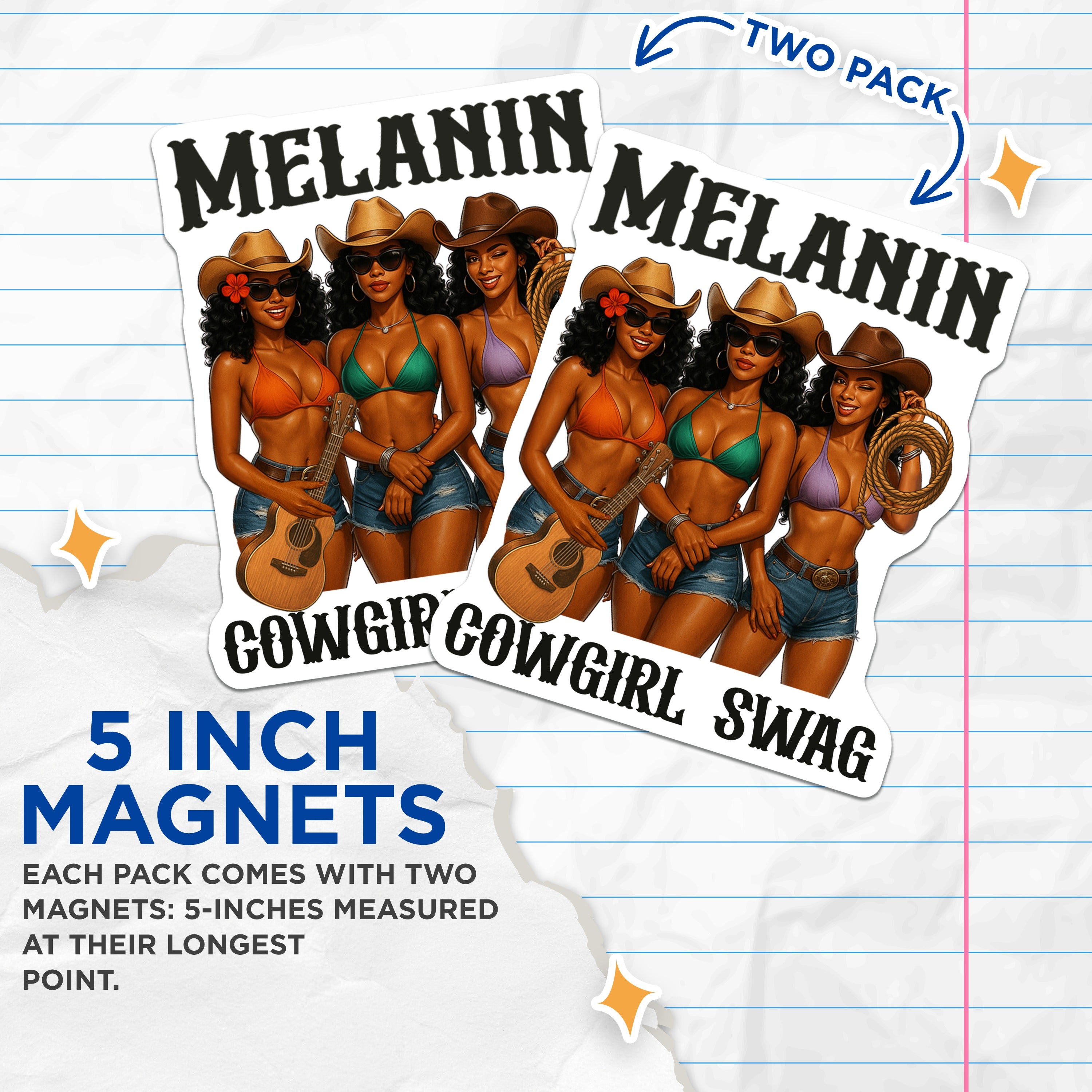 (2 Pack) Melanin Cowgirl Magnets - Black Western Women - Swag Fridge Locker Decor - 5 Inches On Longest Side - Thick Durable Magnet - Made in USA - MAG37634