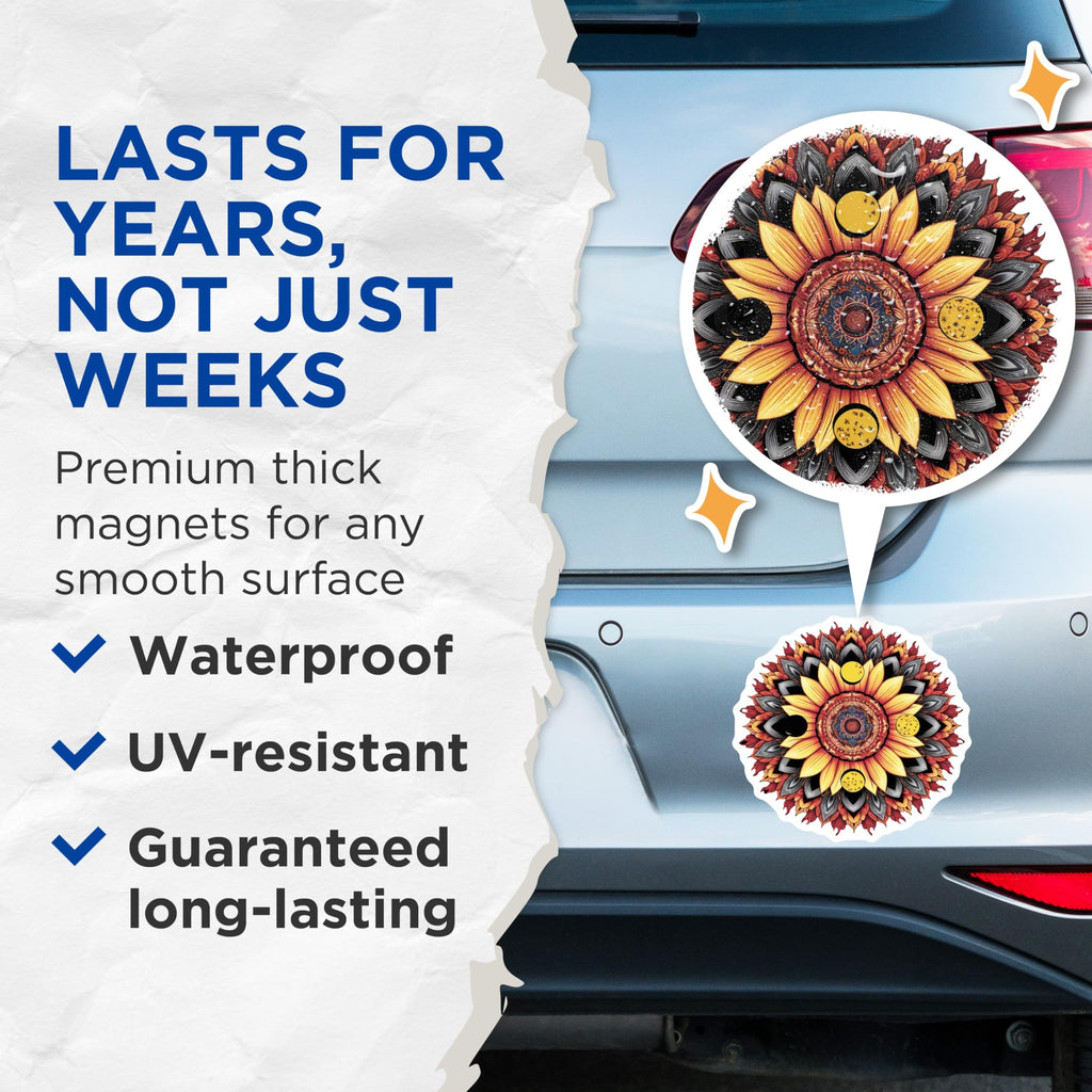 (2 Pack) Sunflower Mandala Magnets - Bohemian Decor - Floral Refrigerator Magnets - 5" On Longest Side - Premium Magnet - for Cars, Refrigerators, Toolboxes, Lockers - Made in USA - MAG15208