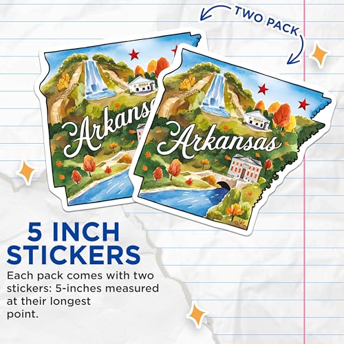 (2 Pack) Arkansas State Stickers - Illustrated Nature Scenery - Waterfall and Landscape Decals - 5" On Longest Side - Sticks to Smooth Flat Surfaces - Made in USA - BMCS6281