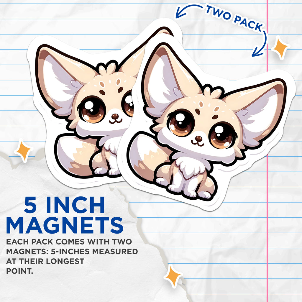 (2 Pack) Big Eared Fennec Fox Magnets - Cute Chibi Animal Refrigerator Decor - Kawaii Pet Lover Accessory - 5 Inches On Longest Side - Thick Durable Magnet - Made in USA - MAG37107