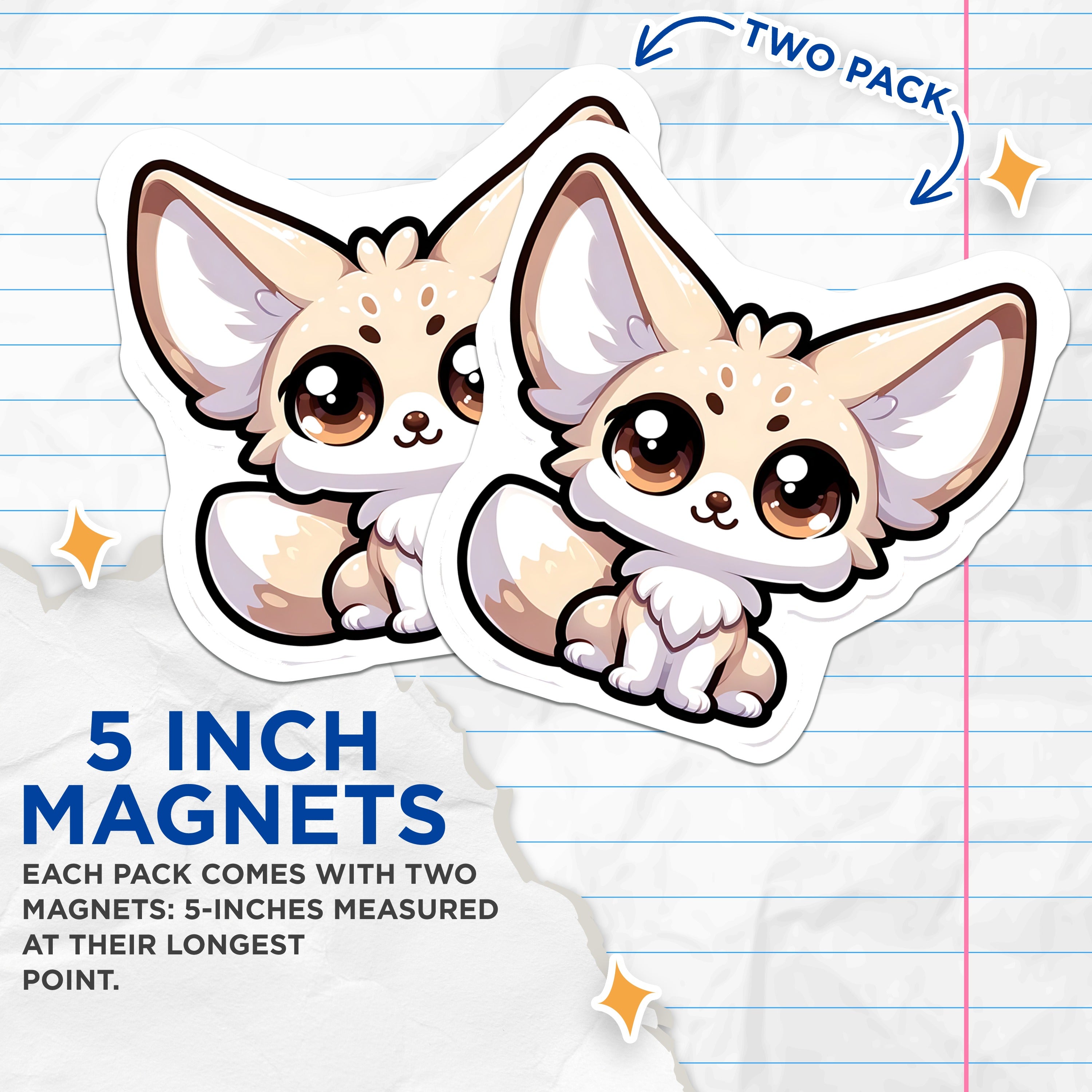 (2 Pack) Big Eared Fennec Fox Magnets - Cute Chibi Animal Refrigerator Decor - Kawaii Pet Lover Accessory - 5 Inches On Longest Side - Thick Durable Magnet - Made in USA - MAG37107