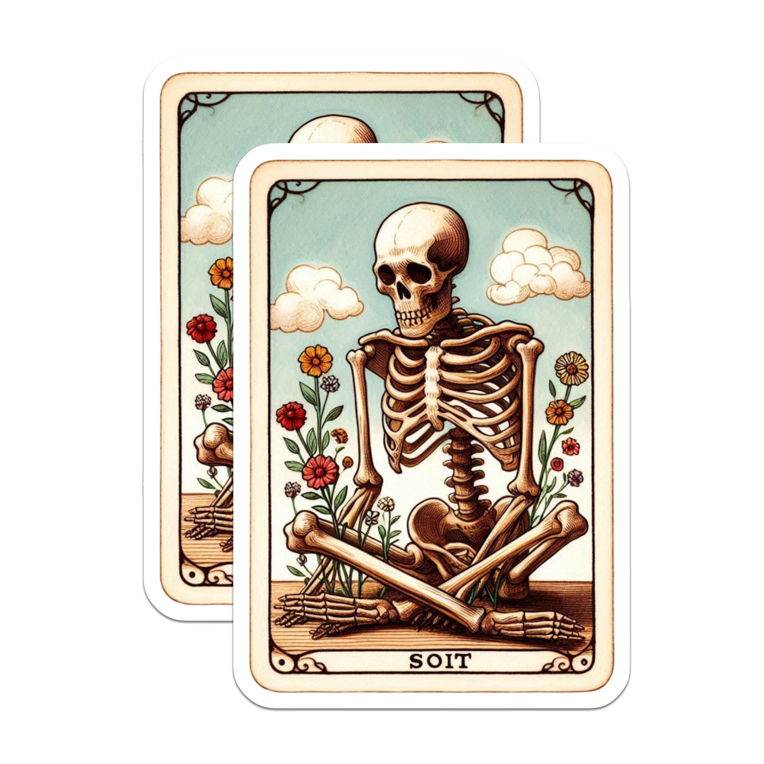 (2 Pack) Meditating Skeleton Magnets - Soit Art Illustration - Floral Memento Mori - Whimsical Tarot Style Decor - 5 Inches On Longest Side - Thick Durable Magnet - Made in USA - MAG21541