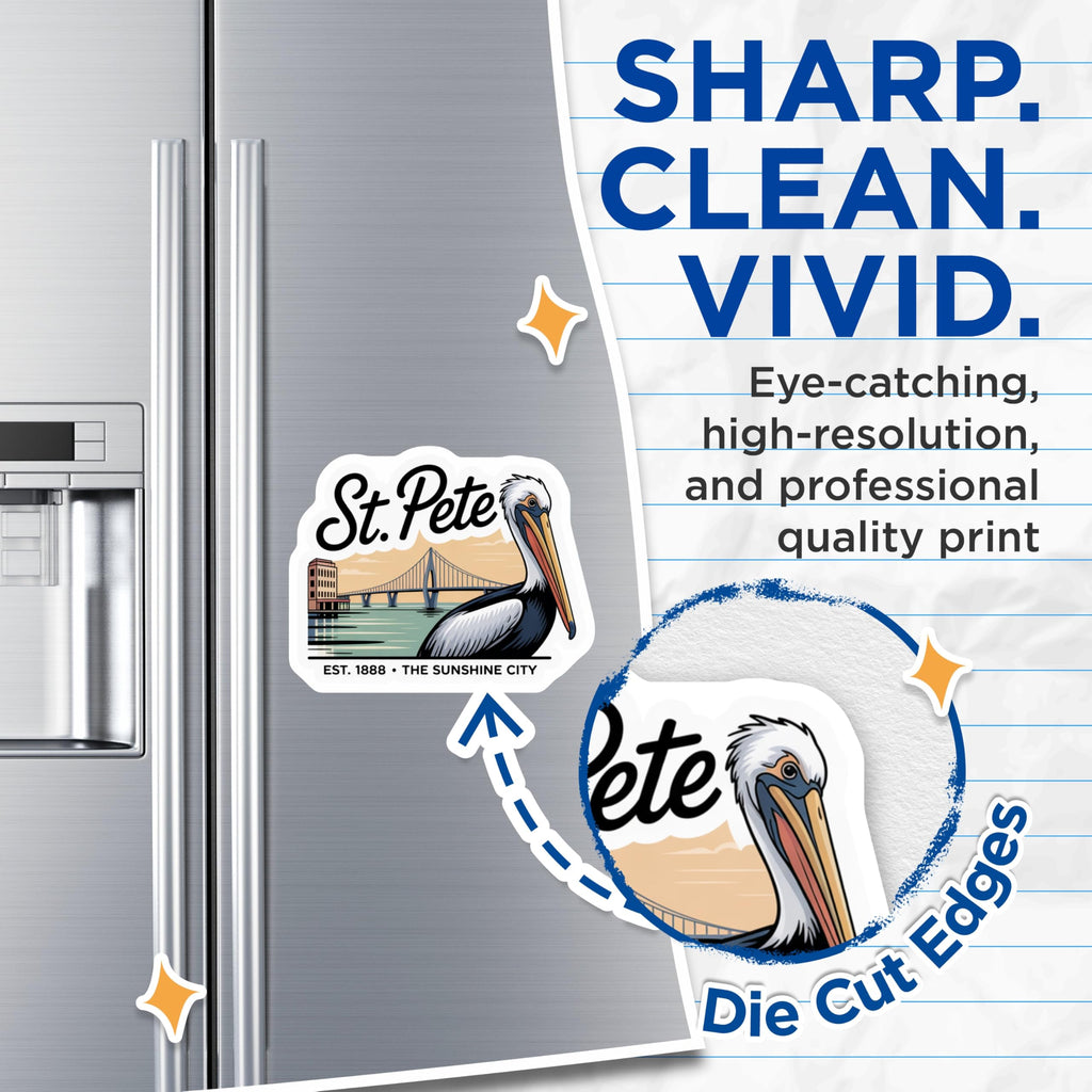 (2 Pack) St Pete Florida Magnets - Sunshine City - Pelican Decor Souvenir Fridge Magnets - 5" On Longest Side - Premium Magnet - for Cars, Refrigerators, Toolboxes, Lockers - Made in USA - MAG17231