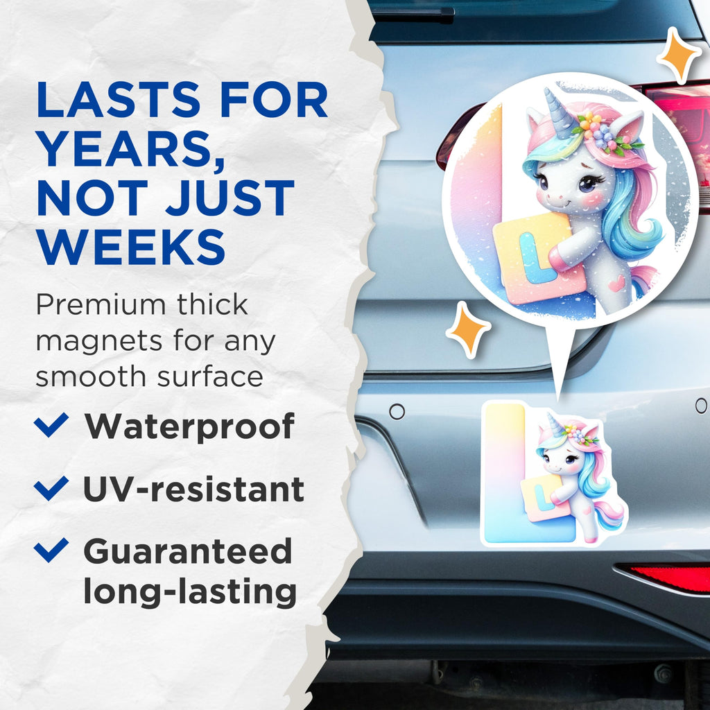 (2 Pack) Unicorn Initial L Magnets - Cute Unicorns - Letter L Magnets - 5" On Longest Side - Premium Magnet - for Cars, Refrigerators, Toolboxes, Lockers - Made in USA - MAG16105