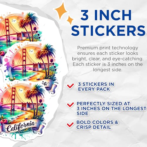 (3 Pack) California Decals - Golden Gate Bridge - Laptop Decal- 3 Inches On Longest Side - Easy Peel & Apply - Made in USA - 3MCS5408