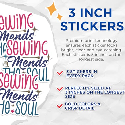 (3 Pack) Sewing Mends Soul Decals - Laptop Sticker - Crafter Decor - 3 Inches On Longest Side - Easy Peel & Apply - Made in USA - 3MCS1390