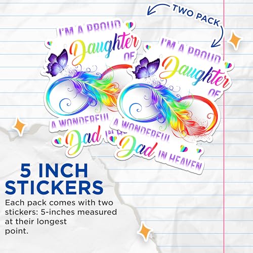 (2 Pack) Proud Daughter Dad in Heaven Stickers - Memorial Stickers - Rainbow Feather Butterfly Stickers - 5" On Longest Side - Sticks to Any Smooth Flat Surface - Made in USA - BMCS2566