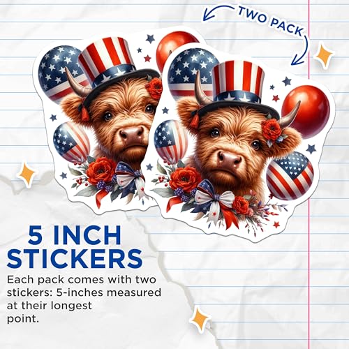 (2 Pack) Patriotic Cow Stickers - 4th of July Animal Sticker - American Flag Cow Sticker - 5" On Longest Side - Sticks to Smooth Flat Surfaces - Made in USA - BMCS6372