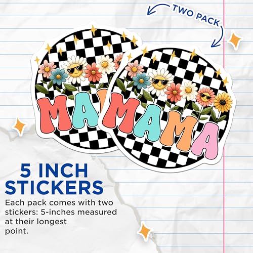 (2 Pack) Mama Flower Power Stickers - Cool Retro Floral Decals - Mother's Day for Mom - 5" On Longest Side - Sticks to Smooth Flat Surfaces - Made in USA - BMCS8185