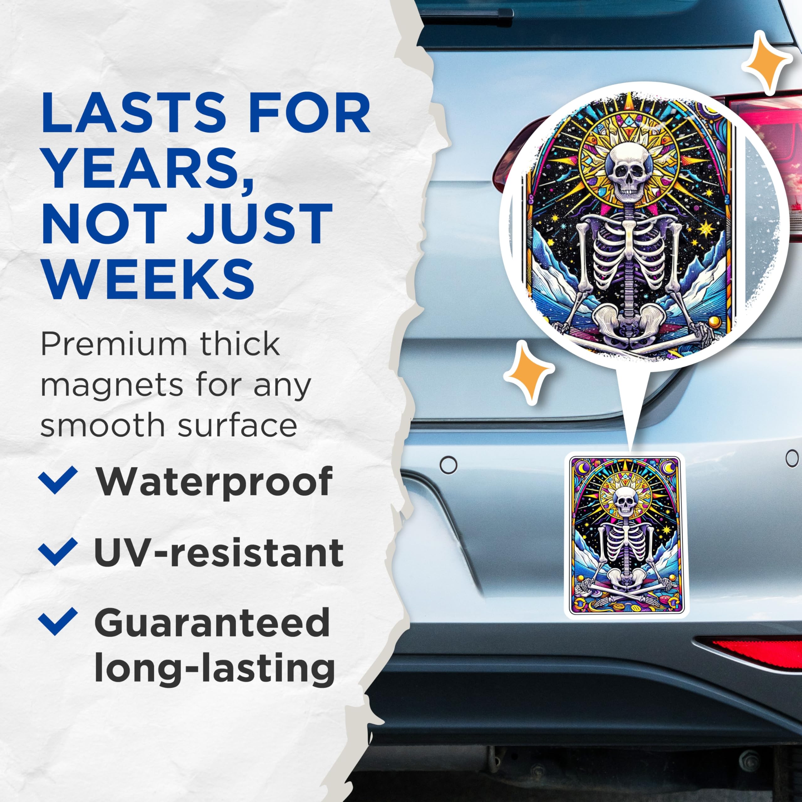 (2 Pack) Psychedelic Skeleton Magnets - Meditating Skull Art - Vibrant Mystical Decor - Stained Glass Mandala Design - 5 Inches On Longest Side - Thick Durable Magnet - Made in USA - MAG21947