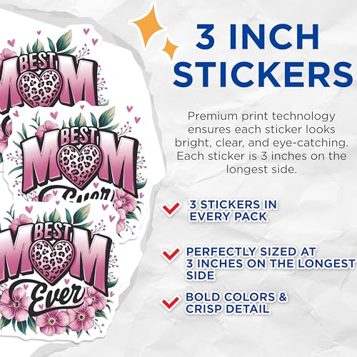 (3 Pack) Best Mom Ever Decals - Mother's Day Present - Laptop Decals - 3 Inches On Longest Side - Easy Peel & Apply - Made in USA - 3MCS8378