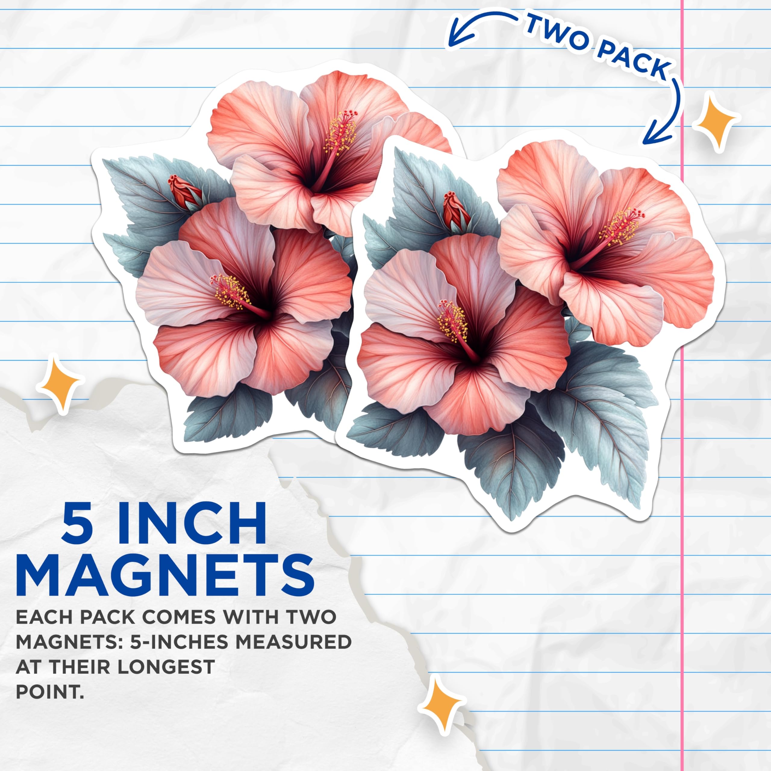 (2 Pack) Hibiscus Flower Magnets - Tropical Botanical Decor - Kitchen Refrigerator Accessory - Nature Lover Aesthetic - 5 Inches On Longest Side - Thick Durable Magnet - Made in USA - MAG27743