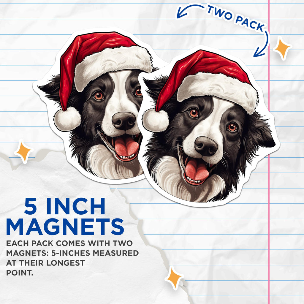(2 Pack) Christmas Border Collie Magnets - Santa Hat Dog Fridge Decor - Holiday Pet Lover Accent - 5 Inches On Longest Side - Thick Durable Magnet - Made in USA - MAG25156