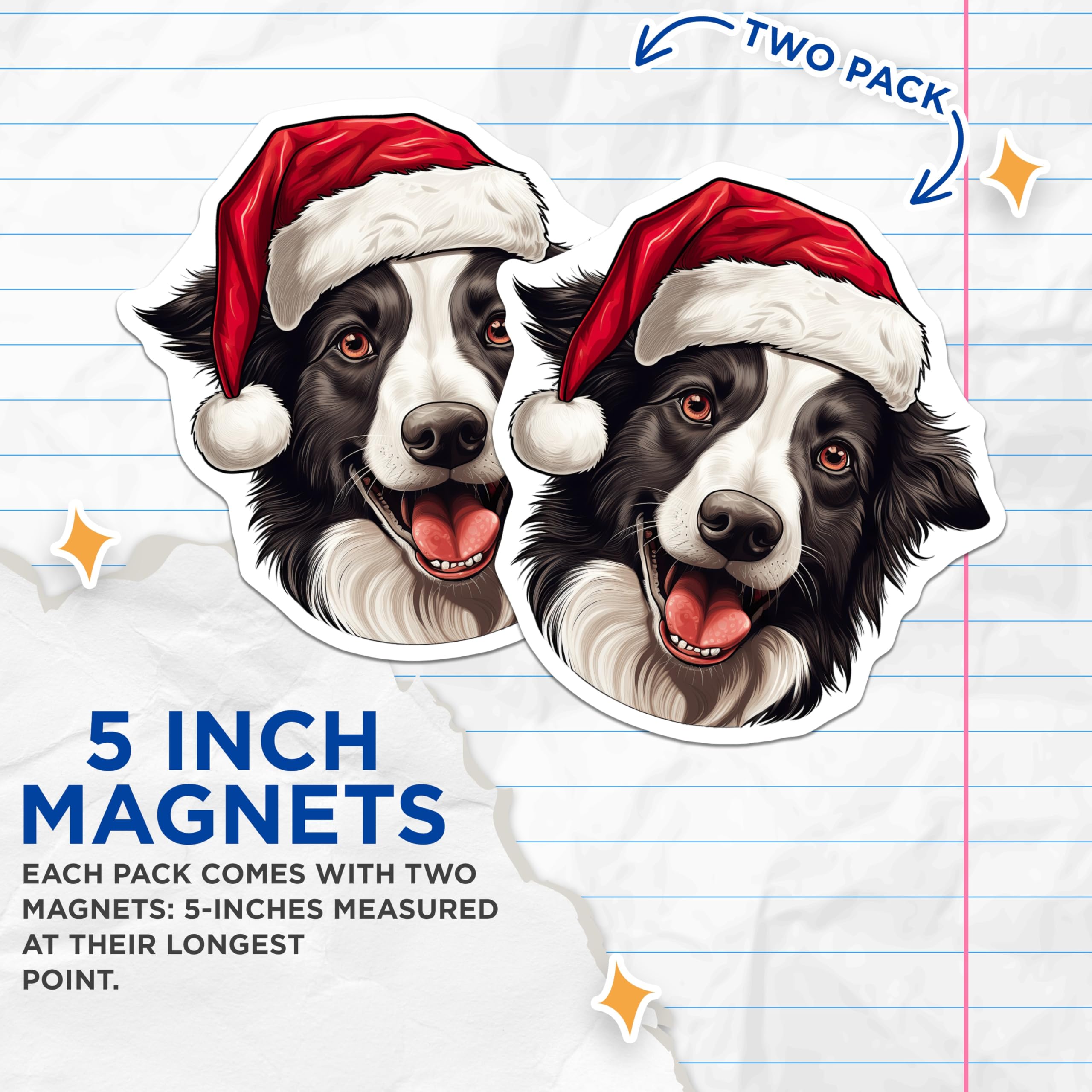 (2 Pack) Christmas Border Collie Magnets - Santa Hat Dog Fridge Decor - Holiday Pet Lover Accent - 5 Inches On Longest Side - Thick Durable Magnet - Made in USA - MAG25156