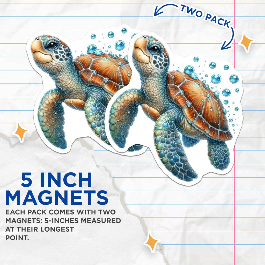 (2 Pack) Charming Sea Turtle Magnets - Aquatic Life Scene - Underwater Ocean Bubbles Art - Refrigerator Locker Home Accent - 5 Inches On Longest Side - Thick Durable Magnet - Made in USA - MAG20351