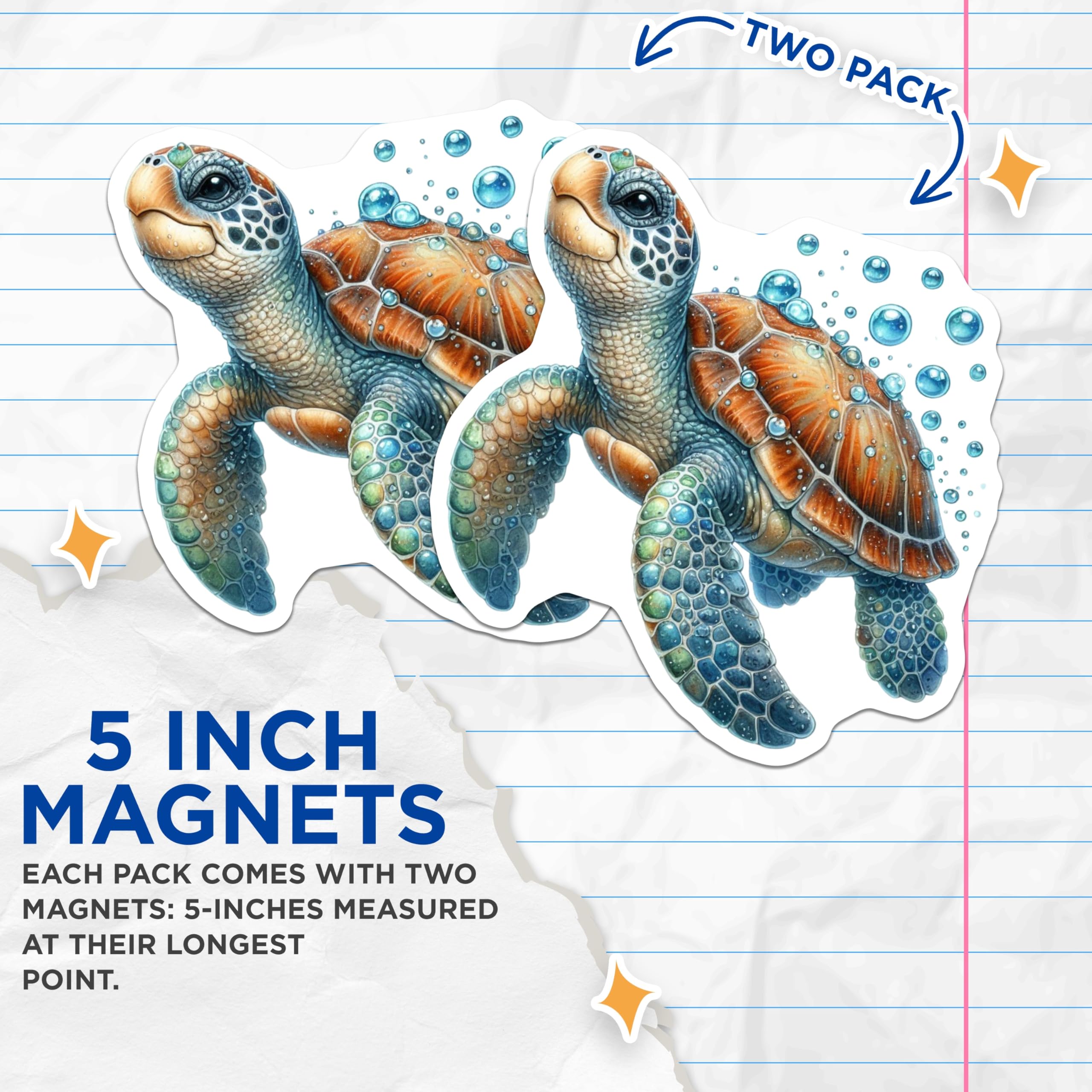 (2 Pack) Charming Sea Turtle Magnets - Aquatic Life Scene - Underwater Ocean Bubbles Art - Refrigerator Locker Home Accent - 5 Inches On Longest Side - Thick Durable Magnet - Made in USA - MAG20351