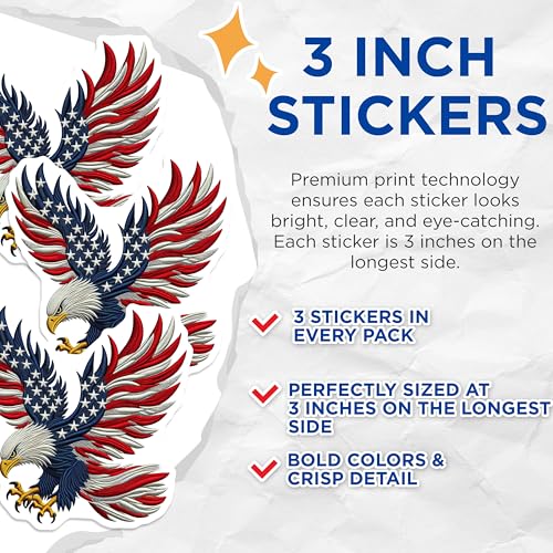 (3 Pack) American Eagle Decals - Patriotic Stickers - USA Flag Eagle Decal- 3 Inches On Longest Side - Easy Peel & Apply - Made in USA - 3MCS5919