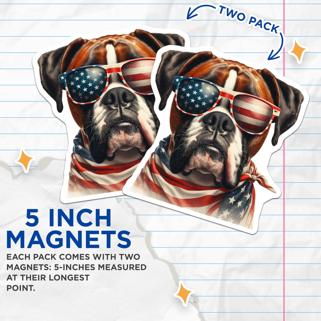 (2 Pack) Boxer Dog Magnets - Patriotic Pup - American Flag Decor - 5" On Longest Side - Premium Magnet - for Cars, Refrigerators, Toolboxes, Lockers - Made in USA - MAG15037