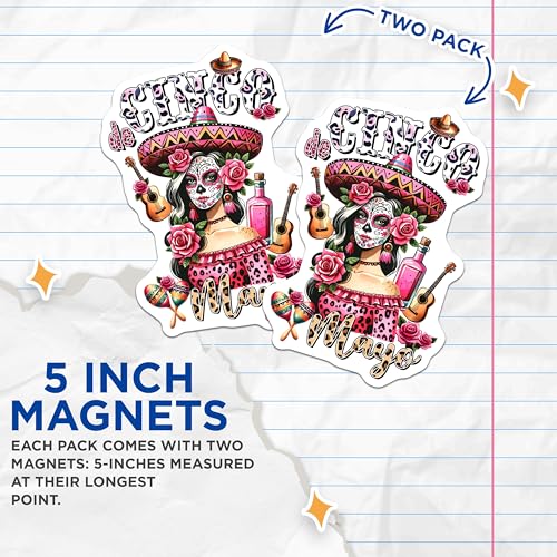 (2 Pack) Mexican Celebration Decor Magnet - Day of The Dead Art - 5" On Longest Side - Sticks to Smooth Flat Surfaces - Made in USA - MAG9756