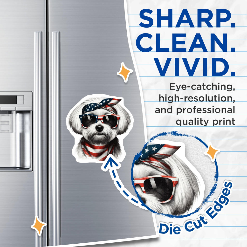 (2 Pack) Patriotic Dog Magnets - USA Flag - Maltese Puppy Fridge Decors - 5" On Longest Side - Premium Magnet - for Cars, Refrigerators, Toolboxes, Lockers - Made in USA - MAG15812