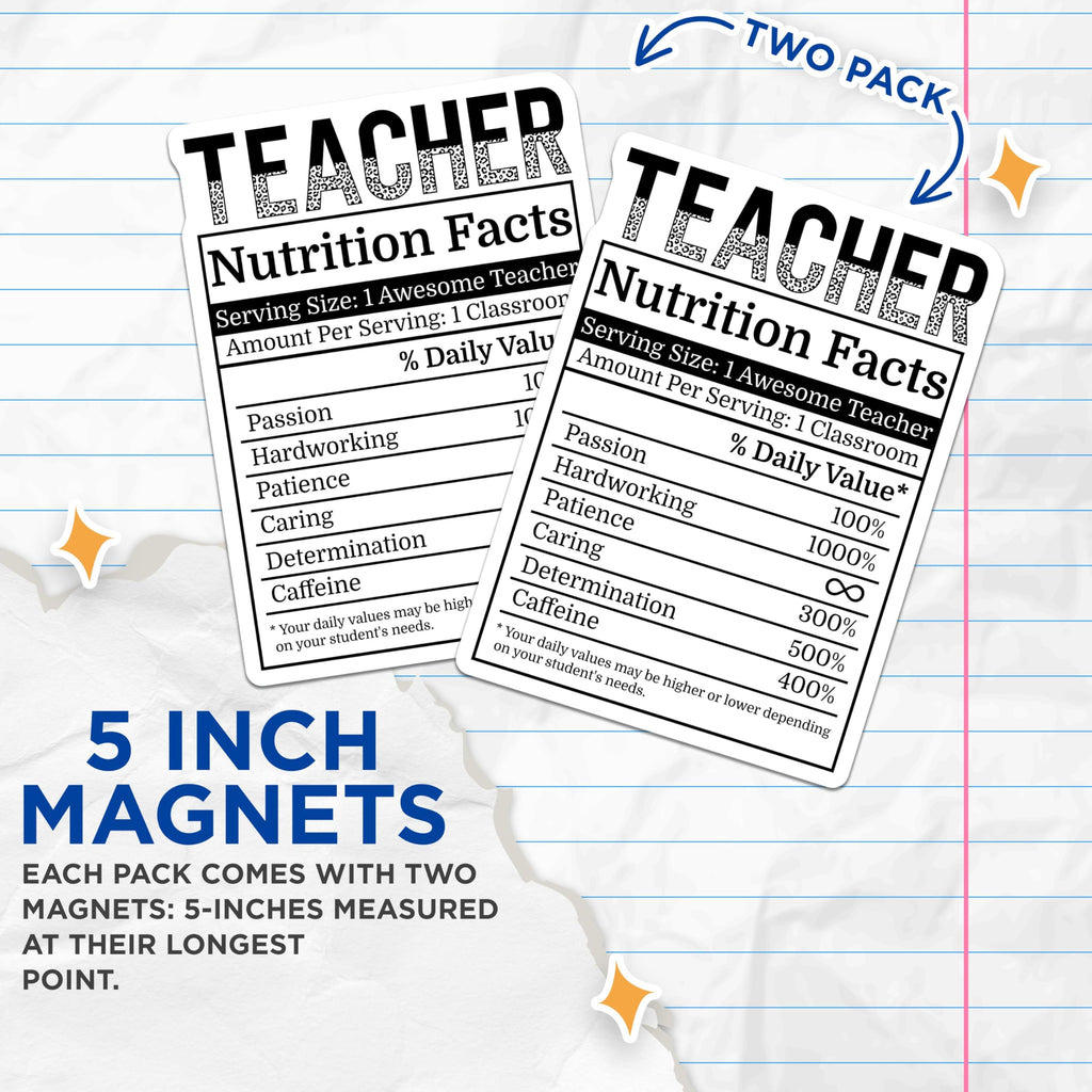 (2 Pack) Teacher Nutrition Facts Magnets - Educator Appreciation - School Decor Magnet - 5" On Longest Side - Premium Magnet - for Cars, Refrigerators, Toolboxes, Lockers - Made in USA - MAG15454
