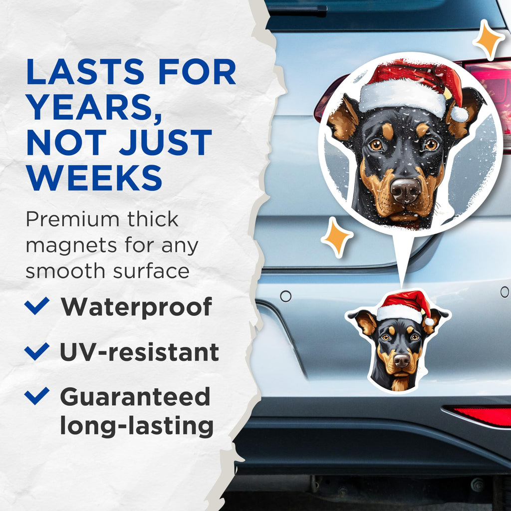(2 Pack) Doberman Christmas Magnets - Santa Hat Dog Holiday Decor - Festive Pet Lover Magnet - Winter Animal Art Decoration - 5 Inches On Longest Side - Thick Durable Magnet - Made in USA - MAG23578