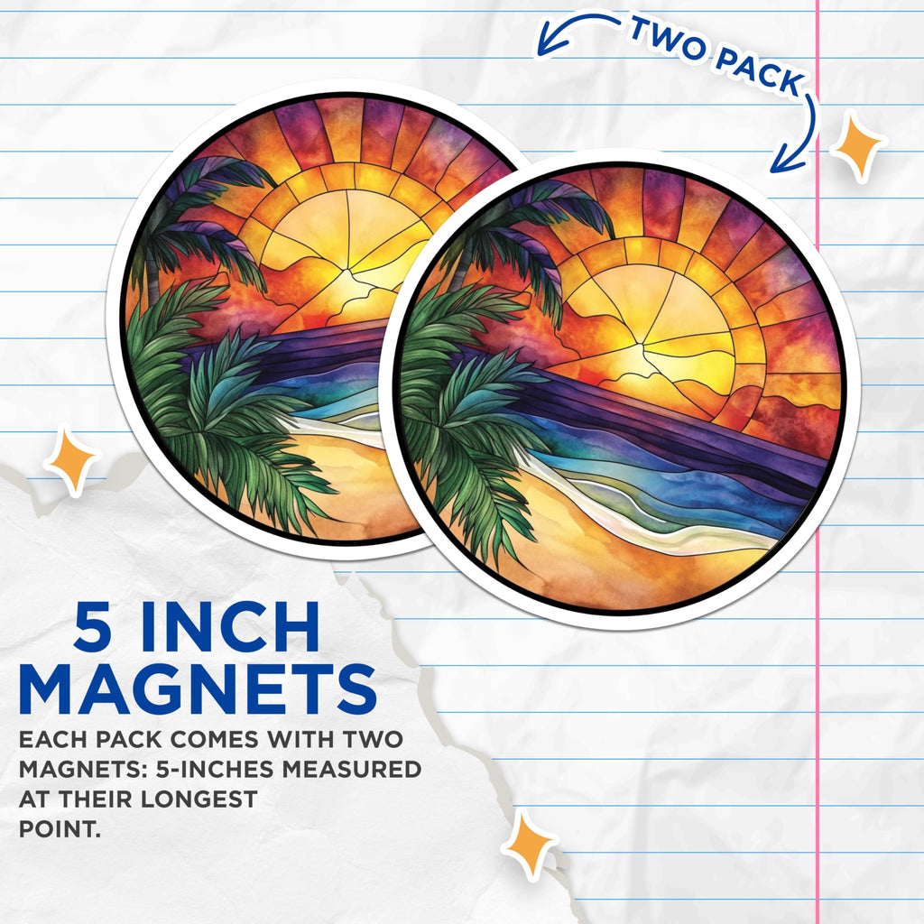 (2 Pack) Tropical Sunset Magnets - Stained Glass Beach Art - Coastal Decor Vacation Memory - 5 Inches On Longest Side - Thick Durable Magnet - Made in USA - MAG27517