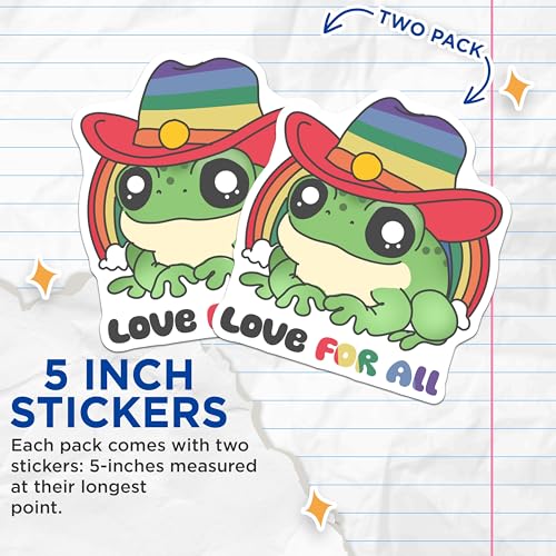(2 Pack) Love for All Frog Stickers - Cute Frog Rainbow Hat - Inclusive Message Stickers - 5" On Longest Side - Sticks to Smooth Flat Surfaces - Made in USA - BMCS7200