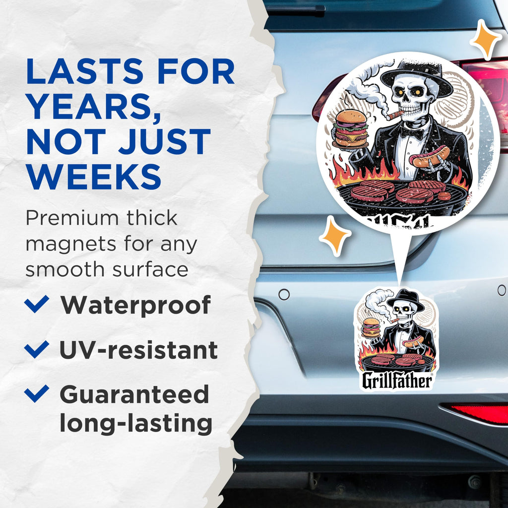 (2 Pack) Grillfather Magnets - Skeleton BBQ Decor - Funny Grill Master - Smoking Cigar - Hamburger Hotdog Art - 5 Inches On Longest Side - Thick Durable Magnet - Made in USA - MAG22568