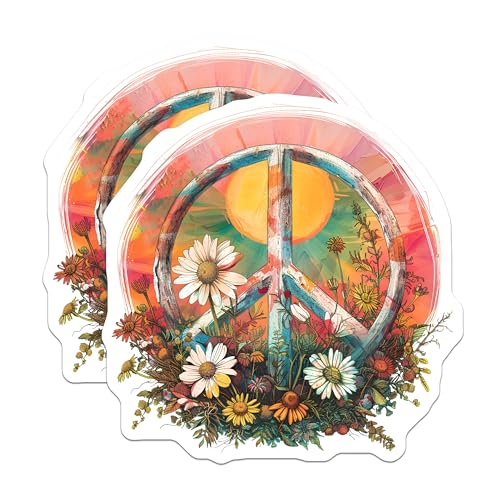 (2 Pack) Peace Sign Flowers Stickers - Floral Peace Symbol - Psychedelic Retro Sticker Art - 5" On Longest Side - Sticks to Smooth Flat Surfaces - Made in USA - BMCS8867