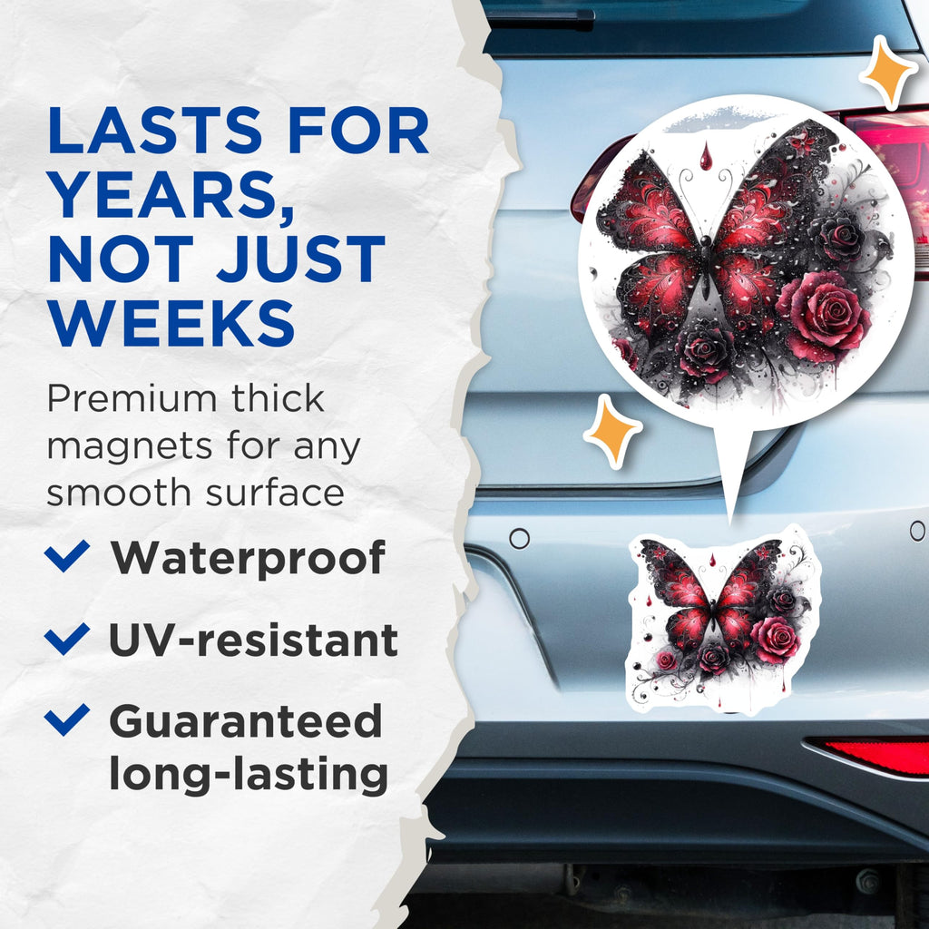 (2 Pack) Butterfly Roses Magnets - Gothic Red Roses Decor - Elegant Floral Butterfly Decor - 5" On Longest Side - Premium Magnet - for Cars, Refrigerators, Toolboxes, Lockers - Made in USA - MAG16011