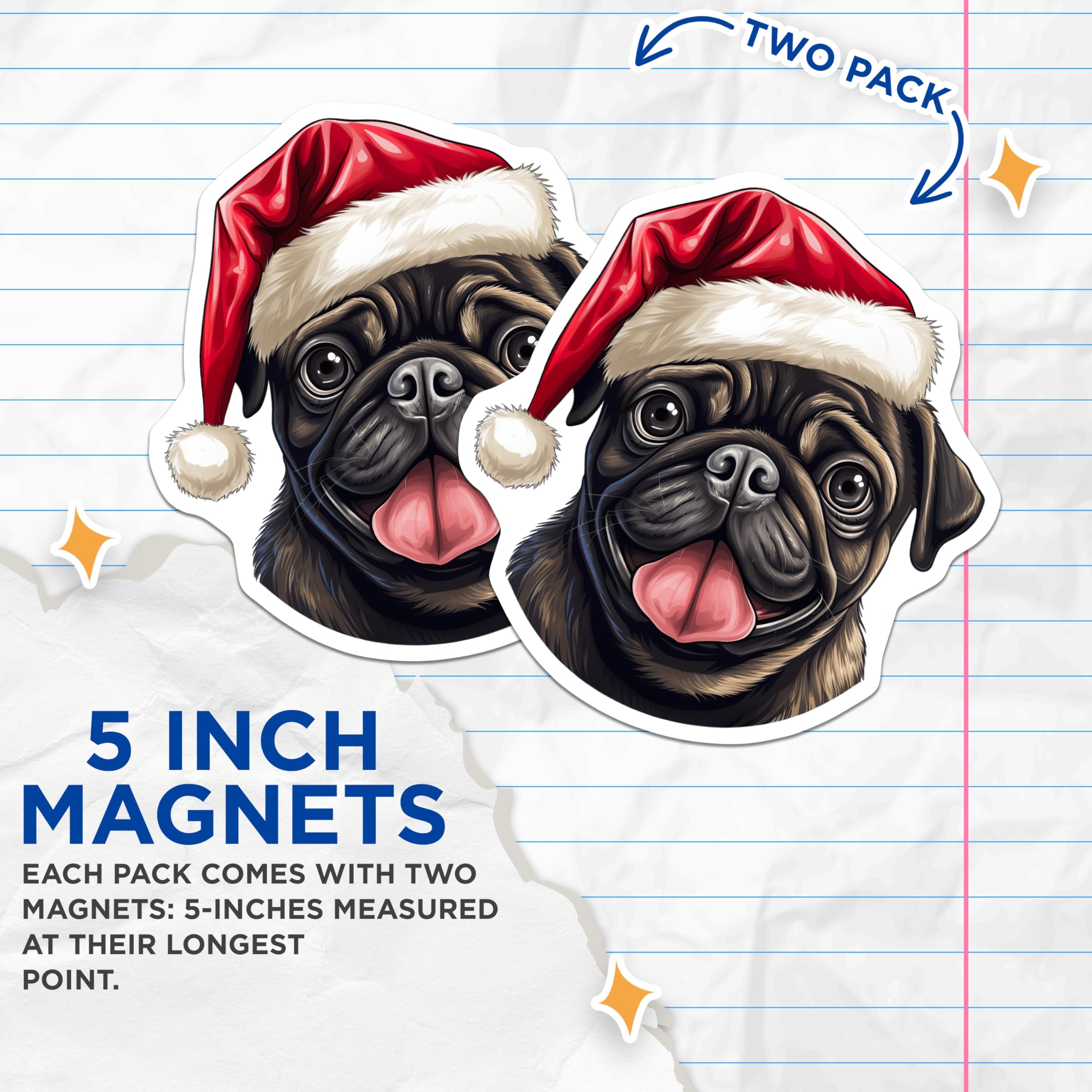 (2 Pack) Pug Christmas Magnets - Santa Hat Dog Decor - Festive Pet Holiday Accessories - 5 Inches On Longest Side - Thick Durable Magnet - Made in USA - MAG30284