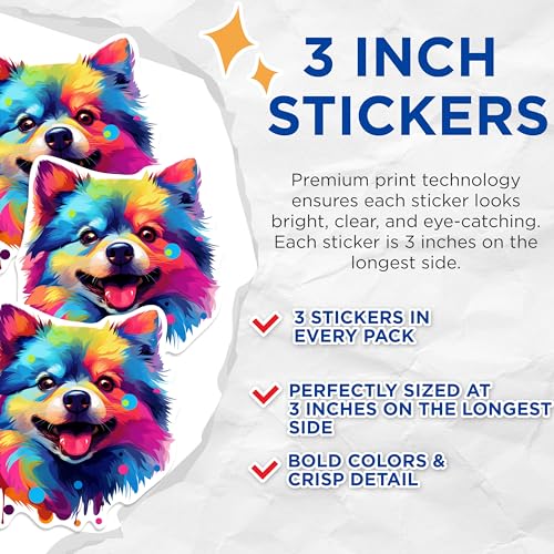 (3 Pack) Colorful Pomeranian Decals - Dog Breed Art - Laptop Stickers - 3 Inches On Longest Side - Easy Peel & Apply - Made in USA - 3MCS0792