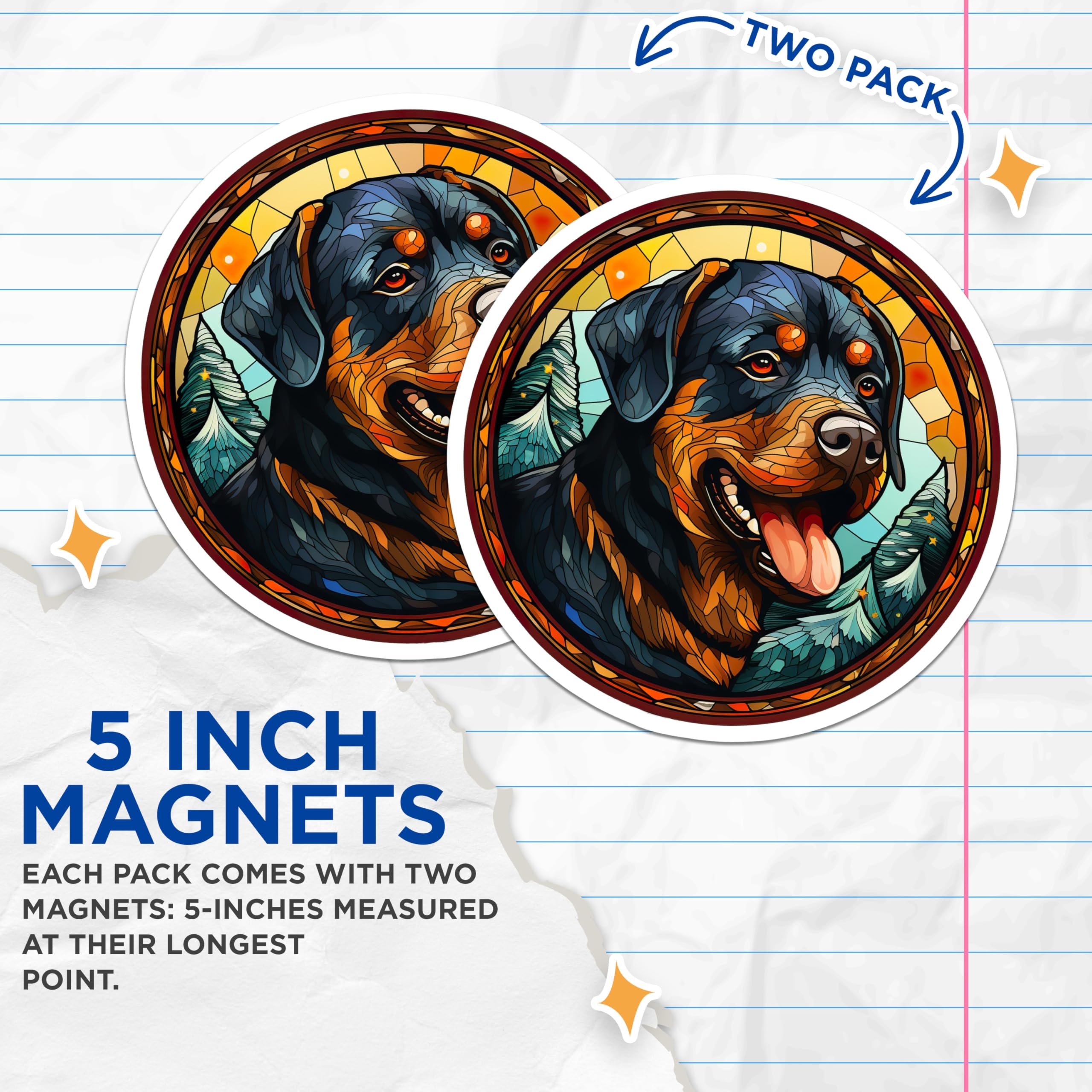 (2 Pack) Rottweiler Magnets - Stained Glass Dog Art - Winter Forest Canine Decor - Dog Breed Pet Lover Fridge Decoration - 5 Inches On Longest Side - Thick Durable Magnet - Made in USA - MAG23574