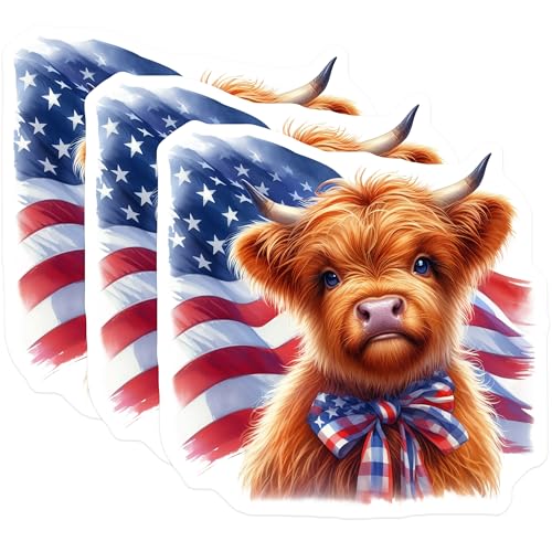 (3 Pack) Highland Cow Decals - American Flag - Laptop Decals- 3 Inches On Longest Side - Easy Peel & Apply - Made in USA - 3MCS5138