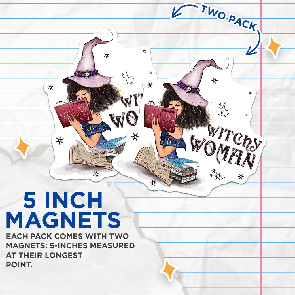 (2 Pack) Witchy Woman Magnets - Magical Reading Witch Aesthetic - Book Lover Spell Decor - 5 Inches On Longest Side - Thick Durable Magnet - Made in USA - MAG38783