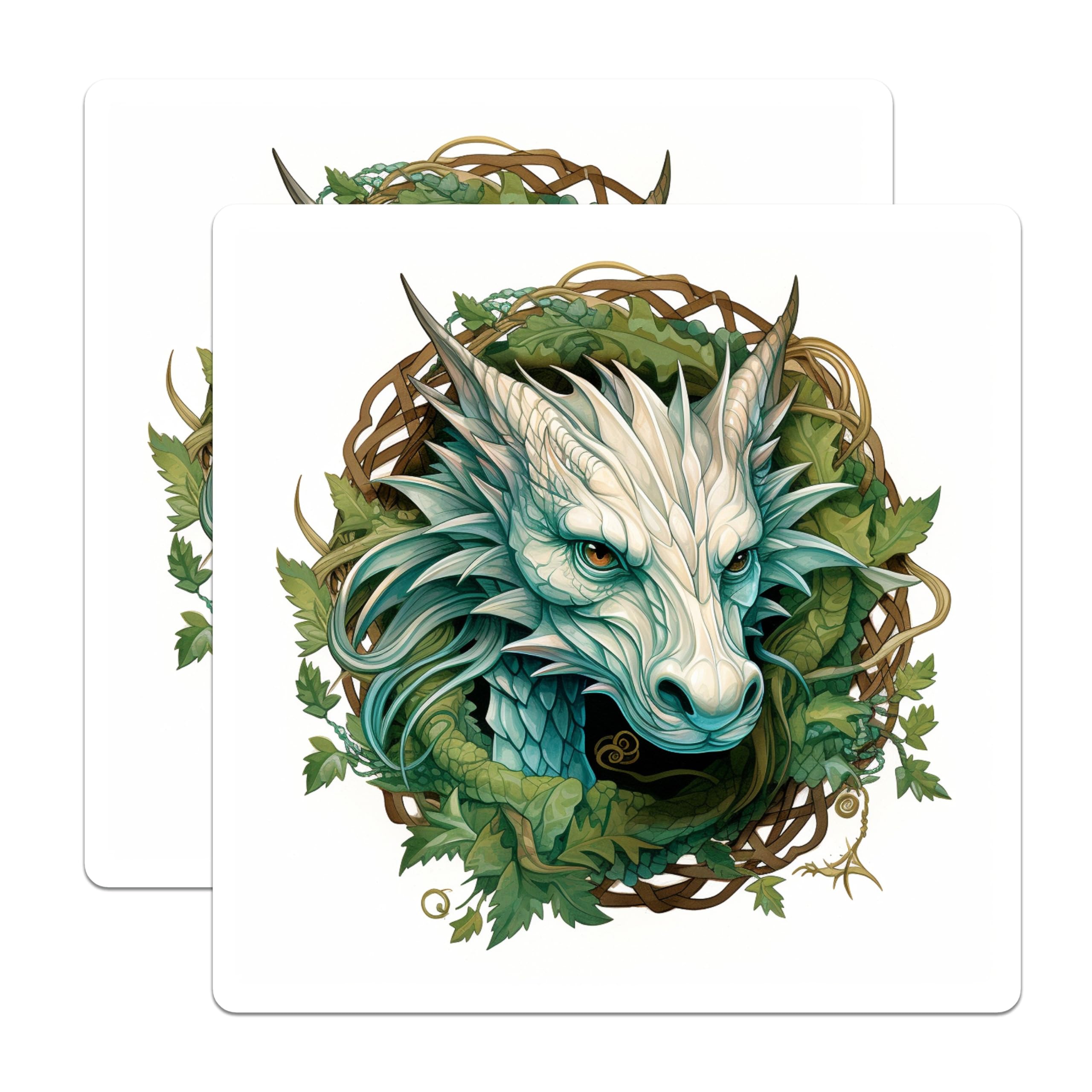 (2 Pack) Legendary White Dragon Head Magnets - Mystical Fantasy Art - Emerald Green Vine Refrigerator Decor Collectible - 5 Inches On Longest Side - Thick Durable Magnet - Made in USA - MAG24025