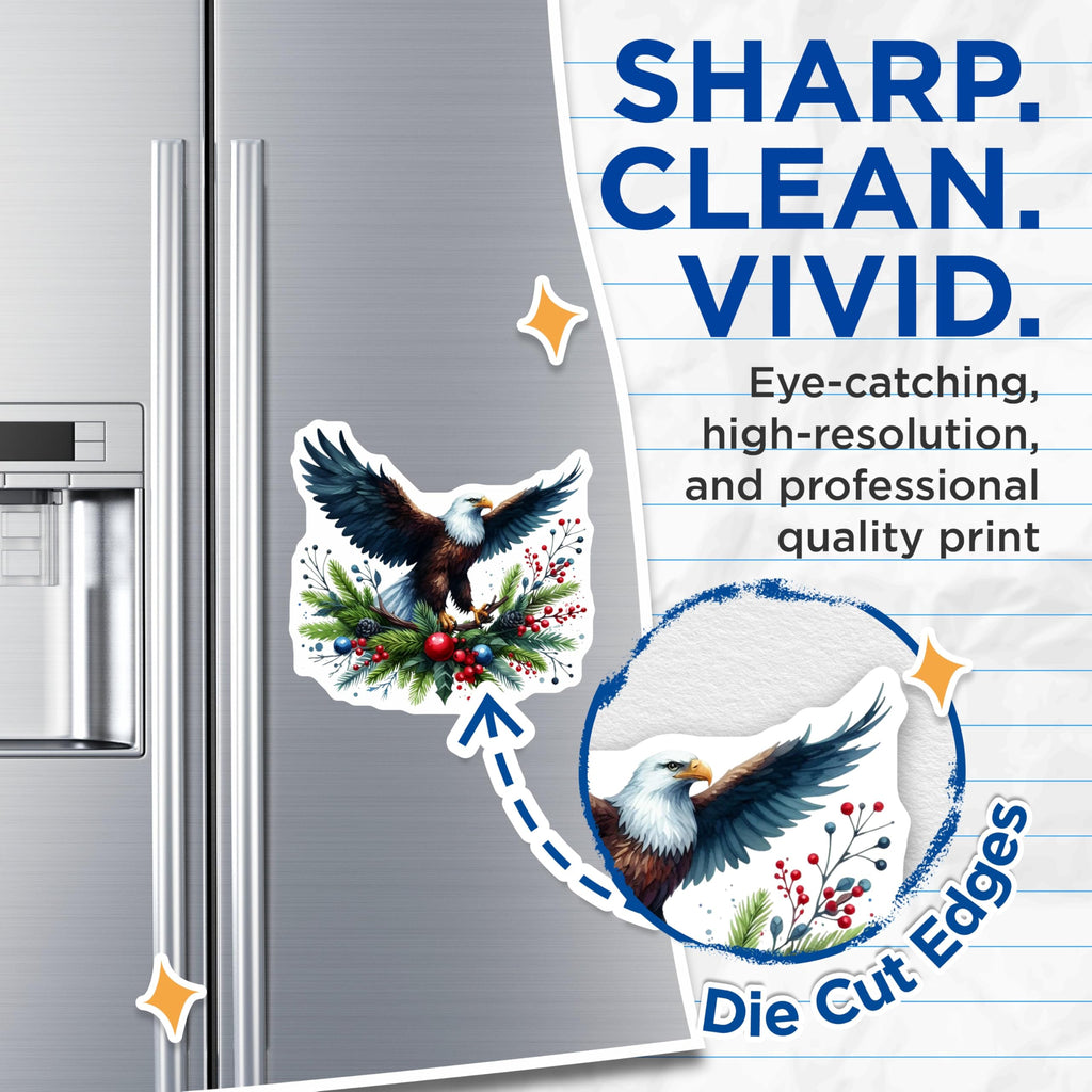 (2 Pack) Majestic Bald Eagle Winter Magnets - American Patriotic Holiday Decoration - Festive Evergreen Berries Bird Artwork - 5 Inches On Longest Side - Thick Durable Magnet - Made in USA - MAG20378
