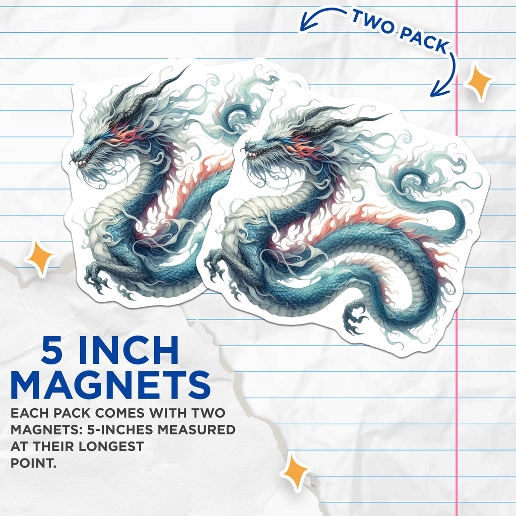 (2 Pack) Azure Dragon Magnets - Fantasy Creature Decor - Mythical Asian Art - Refrigerator Locker Accent - 5 Inches On Longest Side - Thick Durable Magnet - Made in USA - MAG37242