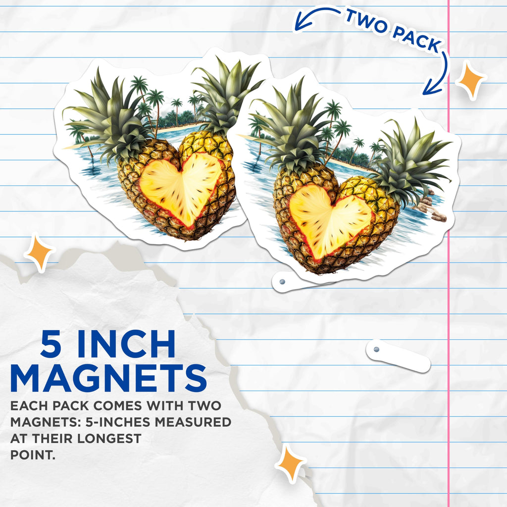 (2 Pack) Pineapple Heart Magnets - Tropical Beach Decor - Summer Island Fridge Accents - 5 Inches On Longest Side - Thick Durable Magnet - Made in USA - MAG19953