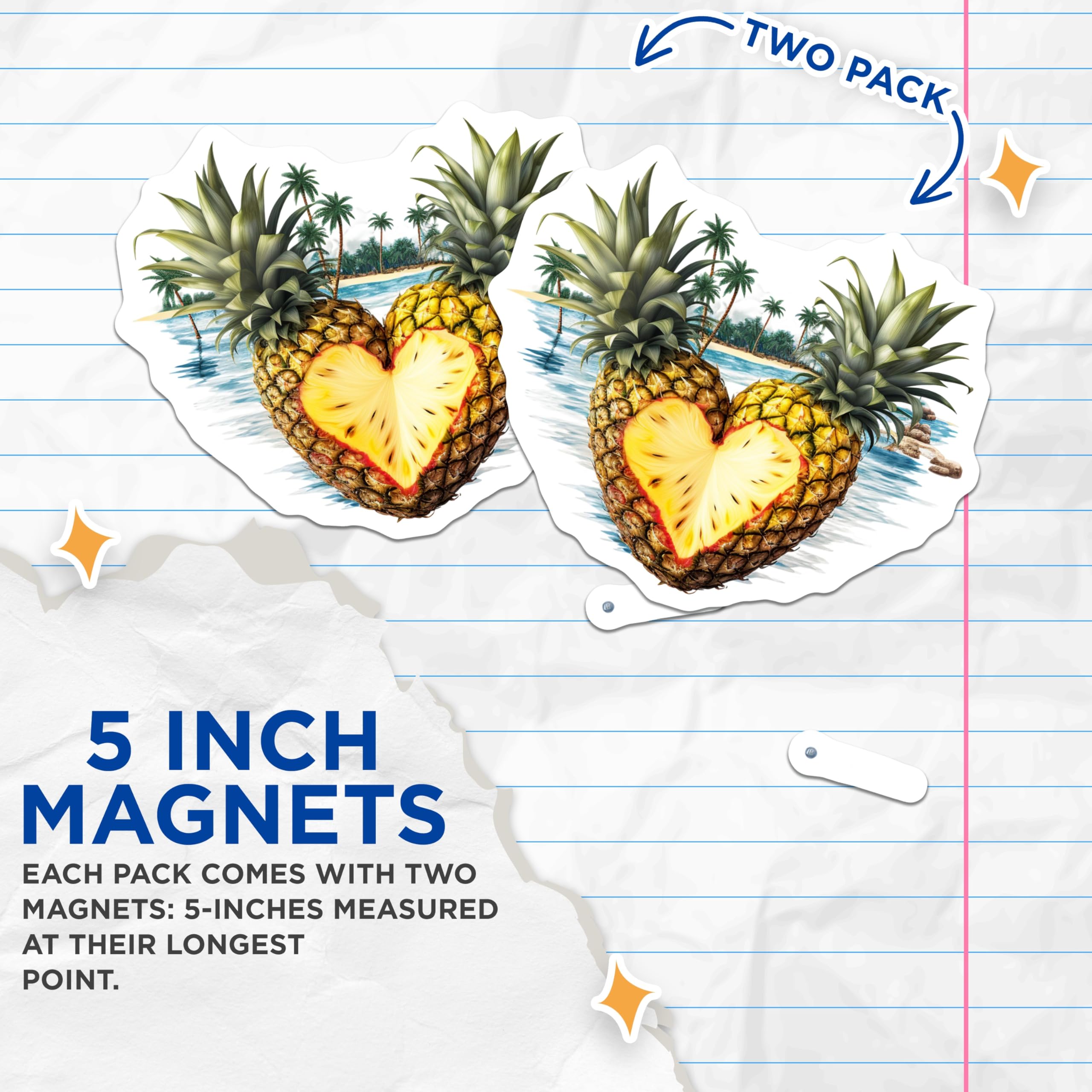 (2 Pack) Pineapple Heart Magnets - Tropical Beach Decor - Summer Island Fridge Accents - 5 Inches On Longest Side - Thick Durable Magnet - Made in USA - MAG19953