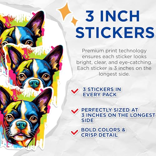 (3 Pack) Boston Terrier Decals - Colorful Dog Stickers - Laptop Decal for Dog Lovers - 3 Inches On Longest Side - Easy Peel & Apply - Made in USA - 3MCS0664