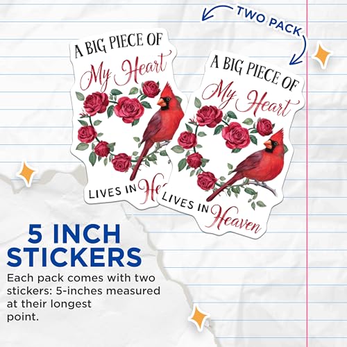 (2 Pack) A Big Piece of My Heart Stickers - Lives in Heaven - Red Cardinal Floral Stickers - 5" On Longest Side - Sticks to Smooth Flat Surfaces - Made in USA - BMCS7288