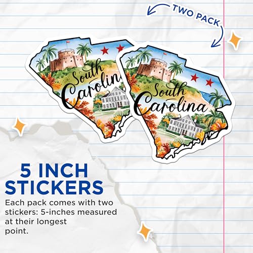 (2 Pack) South Carolina State Stickers - Scenic State Sticker - Travel Souvenir - 5" On Longest Side - Sticks to Smooth Flat Surfaces - Made in USA - BMCS6302