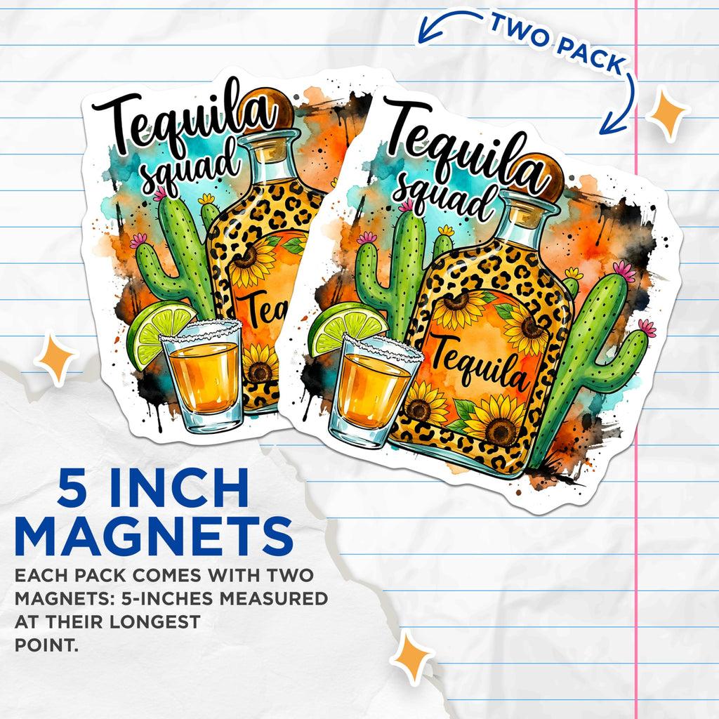 (2 Pack) Tequila Squad Magnets - Leopard Print Tequila Bottle - Sunflowers Cacti Home Bar Decor - Margarita Lover Fun - 5 Inches On Longest Side - Thick Durable Magnet - Made in USA - MAG27270